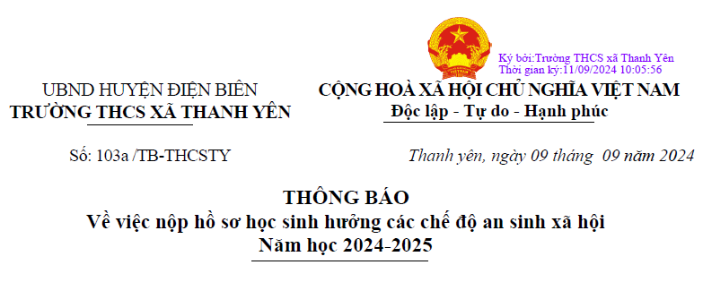 THÔNG BÁO Về việc nộp hồ sơ học sinh hưởng các chế độ an sinh xã hội Năm học 2024-2025